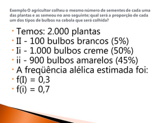 • Temos: 2.000 plantas
• II - 100 bulbos brancos (5%)
• Ii - 1.000 bulbos creme (50%)
• ii - 900 bulbos amarelos (45%)
• A freqüência alélica estimada foi:
• f(I) = 0,3
• f(i) = 0,7
 