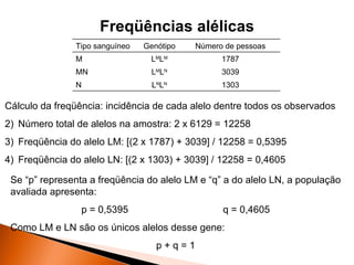 Freqüências alélicas
               Tipo sanguíneo   Genótipo   Número de pessoas
               M                 LMLM            1787
               MN                 LMLN           3039
               N                  LNLN           1303

Cálculo da freqüência: incidência de cada alelo dentre todos os observados
2) Número total de alelos na amostra: 2 x 6129 = 12258
3) Freqüência do alelo LM: [(2 x 1787) + 3039] / 12258 = 0,5395
4) Freqüência do alelo LN: [(2 x 1303) + 3039] / 12258 = 0,4605

 Se “p” representa a freqüência do alelo LM e “q” a do alelo LN, a população
 avaliada apresenta:
                 p = 0,5395                      q = 0,4605
 Como LM e LN são os únicos alelos desse gene:
                                   p+q=1
 