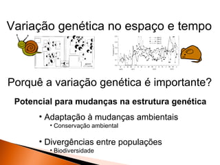 Variação genética no espaço e tempo



Porquê a variação genética é importante?
 Potencial para mudanças na estrutura genética
      • Adaptação à mudanças ambientais
         • Conservação ambiental

      • Divergências entre populações
         • Biodiversidade
 