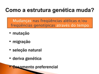 Como a estrutura genética muda?
   Mudanças nas freqüências alélicas e/ou
  freqüências genotípicas através do tempo

 • mutação
 • migração
 • seleção natural
 • deriva genética
 • Casamento preferencial
 
