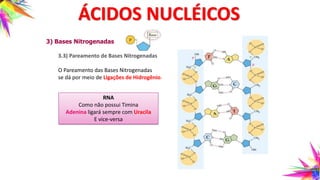 3) Bases Nitrogenadas
3.3) Pareamento de Bases Nitrogenadas
O Pareamento das Bases Nitrogenadas
se dá por meio de Ligações de Hidrogênio.
RNA
Como não possui Timina
Adenina ligará sempre com Uracila
E vice-versa
ÁCIDOS NUCLÉICOS
 