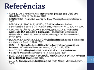 Referências
• AMABIS, J.M & MARTHO, G.R. Identificando pessoas pelo DNA: uma
simulação. Folha de São Paulo, 2007.
• BONACCORSO, N. Análise forense de DNA. Monografia apresentada em
2000.
• BÓREM, A.; FERRAZ, D. A; SANTOS, F. R. DNA e direito. Revista
Biotecnologia, Ciência e Desenvolvimento, Brasília-DF, nº 22 p.42-44, 2001
• CARRAPA, A; ZÃO, A; COELHO, J; SANTOS, J; PEDROSA, S. Técnicas de
Análise de DNA aplicadas a diagnóstico. Faculdade de Medicina da
Universidade do Porto, Departamento de Biologia Celular e Molecular.
Porto, 2005.
• DOLINSKY, L. C & PEREIRA, L. M. C. V. Genética forense. Saúde & Ambiente
em revista, v. 2, n.2, p.11-22, 2007.
• LIMA, L. O. Direito Médico – Utilização do Polimorfismo em Análises
Forenses. Saúde & Ambiente em revista, v.7, n.1, p.10, 2006.
• PANETO, G.G Utilização do DNA mitocondrial no contexto forense
brasileiro. Monografia apresentada em Araraquara, 2006.
• SILVA, L.L.R.S & BINSFELD, P. EVOLUÇÃO HISTÓRICA DA GENÉTICA FORENSE
NO JUDICIÁRIO BRASILEIRO, 2005.
• ZAHA, A. Biologia Molecular Básica. 3 ed. Porto Alegre: Mercado Aberto,
2003.
14
 