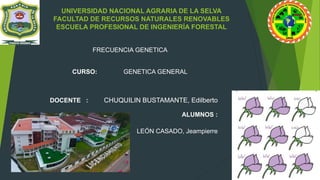 UNIVERSIDAD NACIONAL AGRARIA DE LA SELVA
FACULTAD DE RECURSOS NATURALES RENOVABLES
ESCUELA PROFESIONAL DE INGENIERÍA FORESTAL
FRECUENCIA GENETICA
CURSO: GENETICA GENERAL
DOCENTE : CHUQUILIN BUSTAMANTE, Edilberto
ALUMNOS :
LEÓN CASADO, Jeampierre
 