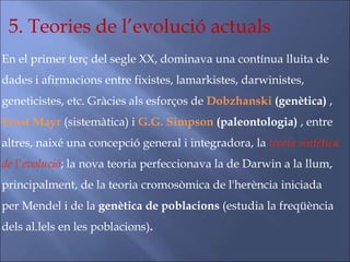 En el primer terç del segle XX, dominava una contínua lluita de
dades i afirmacions entre fixistes, lamarkistes, darwinistes,
geneticistes, etc. Gràcies als esforços de Dobzhanski (genètica) ,
Ernst Mayr (sistemàtica) i G.G. Simpson (paleontologia) , entre
altres, naixé una concepció general i integradora, la teoria sintètica
de l'evolució; la nova teoria perfeccionava la de Darwin a la llum,
principalment, de la teoria cromosòmica de l'herència iniciada
per Mendel i de la genètica de poblacions (estudia la freqüència
dels al.lels en les poblacions).
5. Teories de l’evolució actuals
 