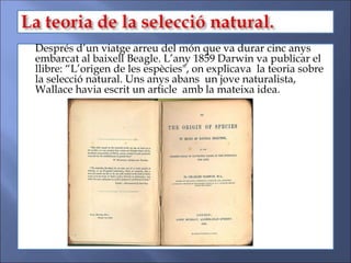 • Després d’un viatge arreu del món que va durar cinc anys
embarcat al baixell Beagle. L’any 1859 Darwin va publicar el
llibre: “L’origen de les espècies", on explicava la teoria sobre
la selecció natural. Uns anys abans un jove naturalista,
Wallace havia escrit un article amb la mateixa idea.
 