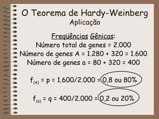 O Teorema de Hardy-Weinberg
                Aplicação
        Freqüências Genotípicas
             f(A) = p = 0,8
        ...
