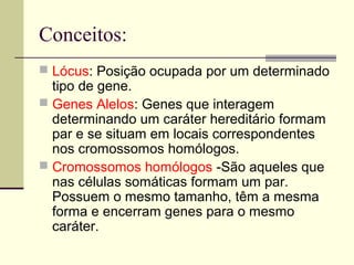 Conceitos:
 Lócus: Posição ocupada por um determinado
tipo de gene.
 Genes Alelos: Genes que interagem
determinando um caráter hereditário formam
par e se situam em locais correspondentes
nos cromossomos homólogos.
 Cromossomos homólogos -São aqueles que
nas células somáticas formam um par.
Possuem o mesmo tamanho, têm a mesma
forma e encerram genes para o mesmo
caráter.
 