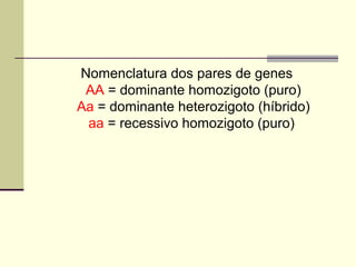 Nomenclatura dos pares de genes
AA = dominante homozigoto (puro)
Aa = dominante heterozigoto (híbrido)
aa = recessivo homozigoto (puro)
 