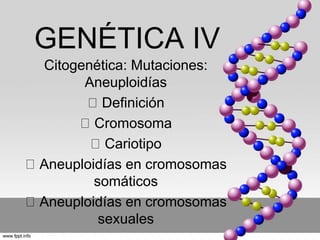 GENÉTICA IV 
Citogenética: Mutaciones: 
Aneuploidías 
Definición 
Cromosoma 
Cariotipo 
Aneuploidías en cromosomas 
somáticos 
Aneuploidías en cromosomas 
sexuales 
 