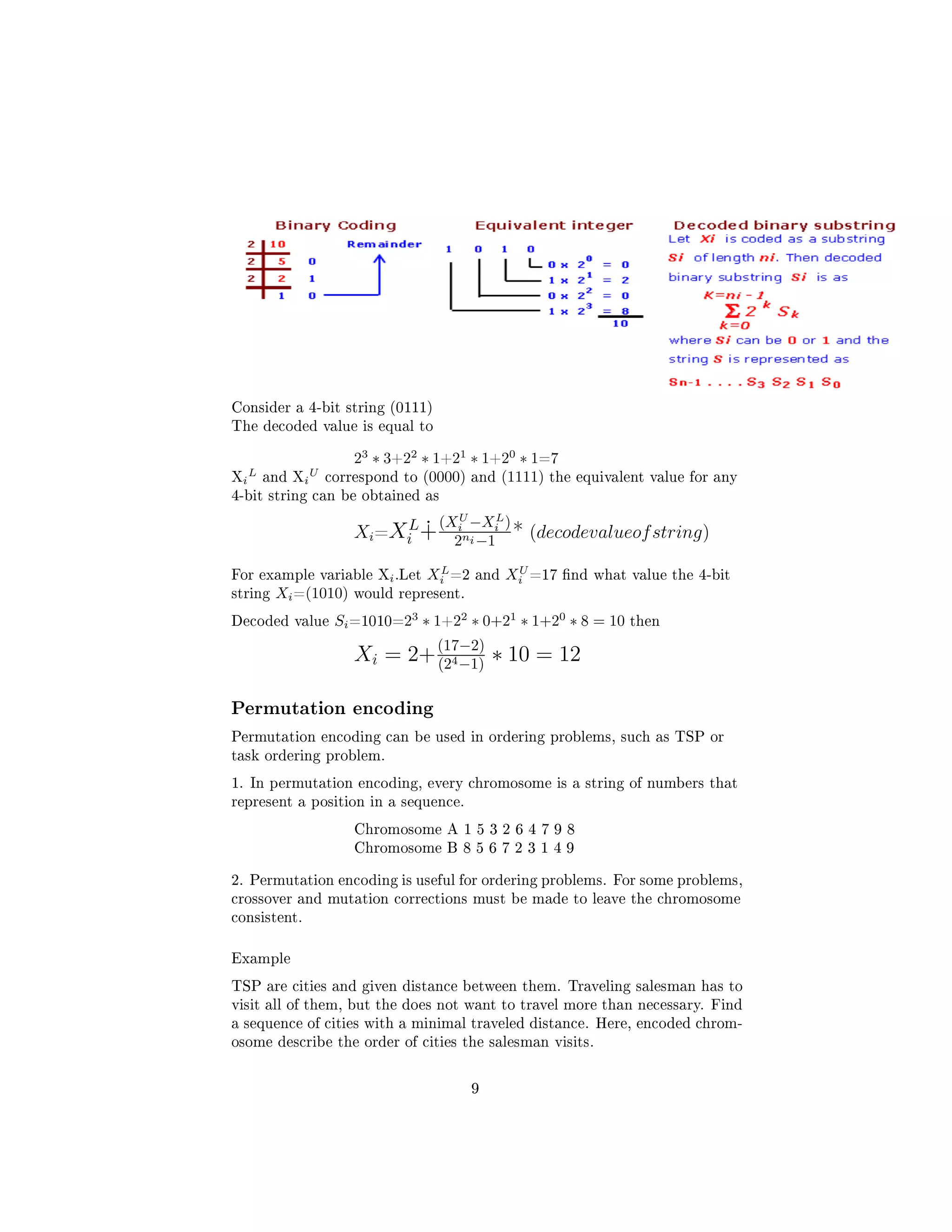 Consider a 4-bit string (0111)
The decoded value is equal to
23
∗ 3+22
∗ 1+21
∗ 1+20
∗ 1=7
Xi
L
and Xi
U
correspond to (0000) and (1111) the equivalent value for any
4-bit string can be obtained as
Xi=XL
i
(XU
i −XL
i )
2ni−1 * (decodevalueofstring)
For example variable Xi.Let XL
i =2 and XU
i =17 nd what value the 4-bit
string Xi=(1010) would represent.
Decoded value Si=1010=23
∗ 1+22
∗ 0+21
∗ 1+20
∗ 8 = 10 then
Xi = 2+(17−2)
(24−1) ∗ 10 = 12
Permutation encoding
Permutation encoding can be used in ordering problems, such as TSP or
task ordering problem.
1. In permutation encoding, every chromosome is a string of numbers that
represent a position in a sequence.
Chromosome A 1 5 3 2 6 4 7 9 8
Chromosome B 8 5 6 7 2 3 1 4 9
2. Permutation encoding is useful for ordering problems. For some problems,
crossover and mutation corrections must be made to leave the chromosome
consistent.
Example
TSP are cities and given distance between them. Traveling salesman has to
visit all of them, but the does not want to travel more than necessary. Find
a sequence of cities with a minimal traveled distance. Here, encoded chrom-
osome describe the order of cities the salesman visits.
9
 
