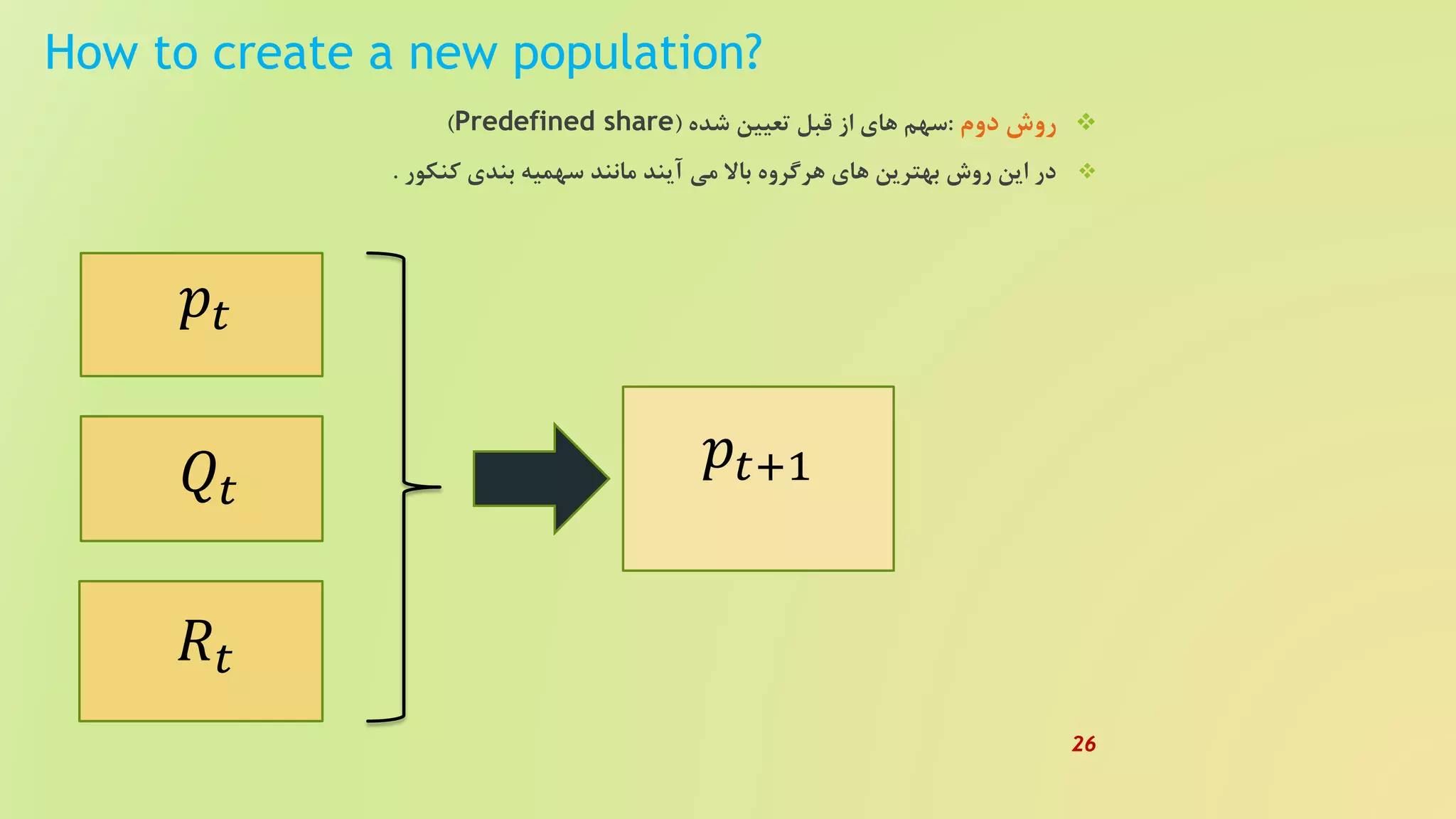 How to create a new population?
‫دوم‬ ‫روش‬:‫شده‬ ‫تعیین‬ ‫قبل‬ ‫از‬ ‫های‬ ‫سهم‬(Predefined share)
‫کنکور‬ ‫بندی‬ ‫سهمیه‬ ‫مانند‬ ‫آیند‬ ‫می‬ ‫باال‬ ‫هرگروه‬ ‫های‬ ‫بهترین‬ ‫روش‬ ‫این‬ ‫در‬.
𝑝𝑡
𝑄𝑡
𝑅𝑡
𝑝𝑡+1
26
 