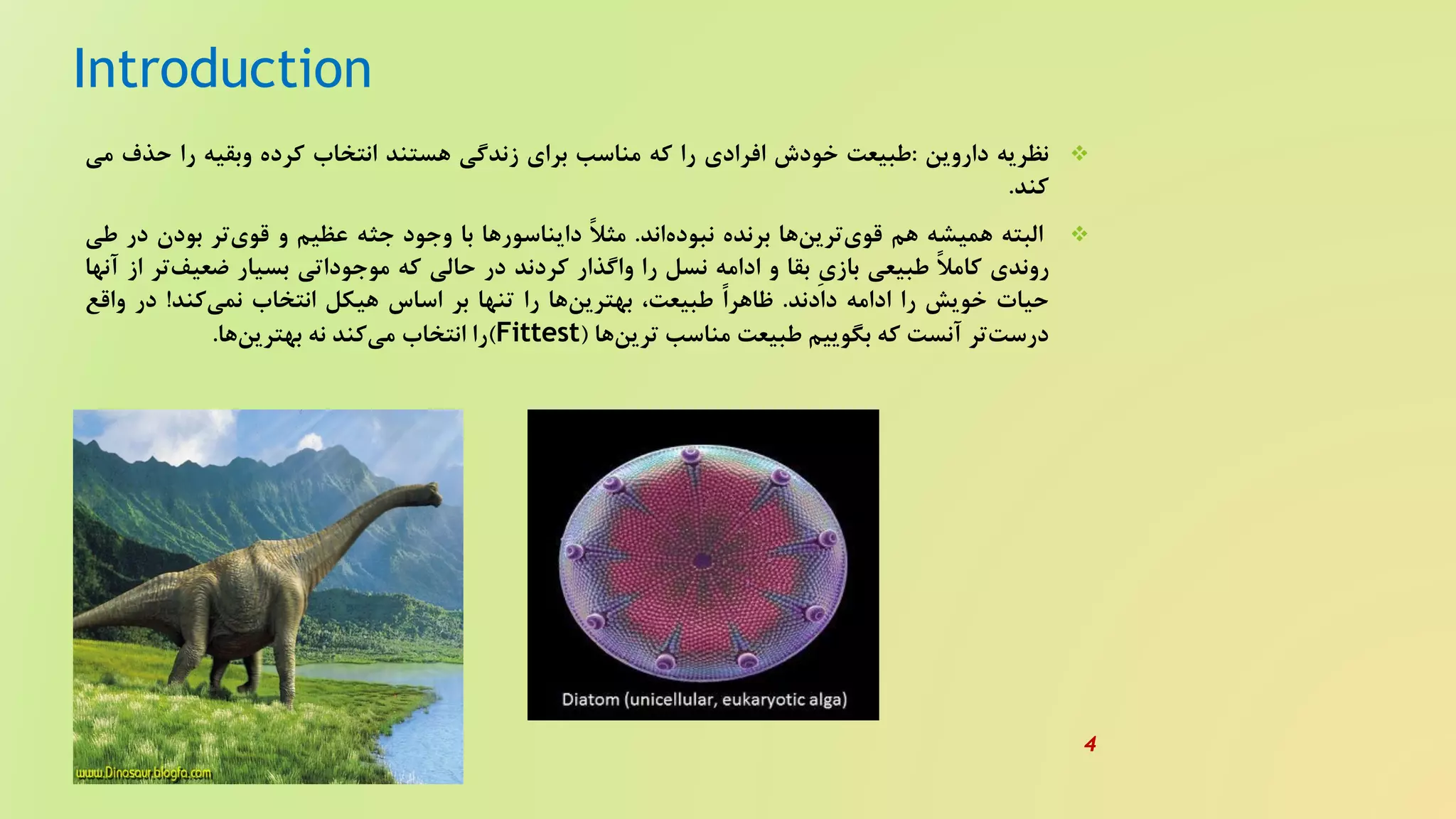 Introduction
‫نظریه‬‫داروین‬:‫طبیعت‬‫خودش‬‫افرادی‬‫را‬‫که‬‫مناسب‬‫برای‬‫زندگی‬‫هستند‬‫انتخاب‬‫کرده‬‫وبقیه‬‫را‬‫حذف‬‫می‬
‫کند‬.
‫البته‬‫همیشه‬‫هم‬‫ها‬‫ترین‬‫قوی‬‫برنده‬‫اند‬‫نبوده‬.‫ا‬‫ل‬‫مث‬‫دایناسورها‬‫با‬‫وجود‬‫جثه‬‫عظیم‬‫و‬‫تر‬‫قوی‬‫بودن‬‫د‬‫ر‬‫طی‬
‫روندی‬‫ا‬‫ل‬‫کام‬‫طبیعی‬ِ‫ی‬‫باز‬‫بقا‬‫و‬‫ادامه‬‫نسل‬‫را‬‫واگذار‬‫کردند‬‫در‬‫حالی‬‫که‬‫موجوداتی‬‫بسیار‬‫تر‬‫ضعیف‬‫از‬‫آنها‬
‫حیات‬‫خویش‬‫را‬‫ادامه‬‫دادند‬.‫ا‬‫ا‬‫ظاهر‬،‫طبیعت‬‫ها‬‫بهترین‬‫را‬‫تنها‬‫بر‬‫اساس‬‫هیکل‬‫انتخاب‬‫کند‬‫نمی‬!‫در‬‫واقع‬
‫تر‬‫درست‬‫آنست‬‫که‬‫بگوییم‬‫طبیعت‬‫مناسب‬‫ها‬‫ترین‬(Fittest)‫را‬‫انتخاب‬‫کند‬‫می‬‫نه‬‫ها‬‫بهترین‬.
4
 