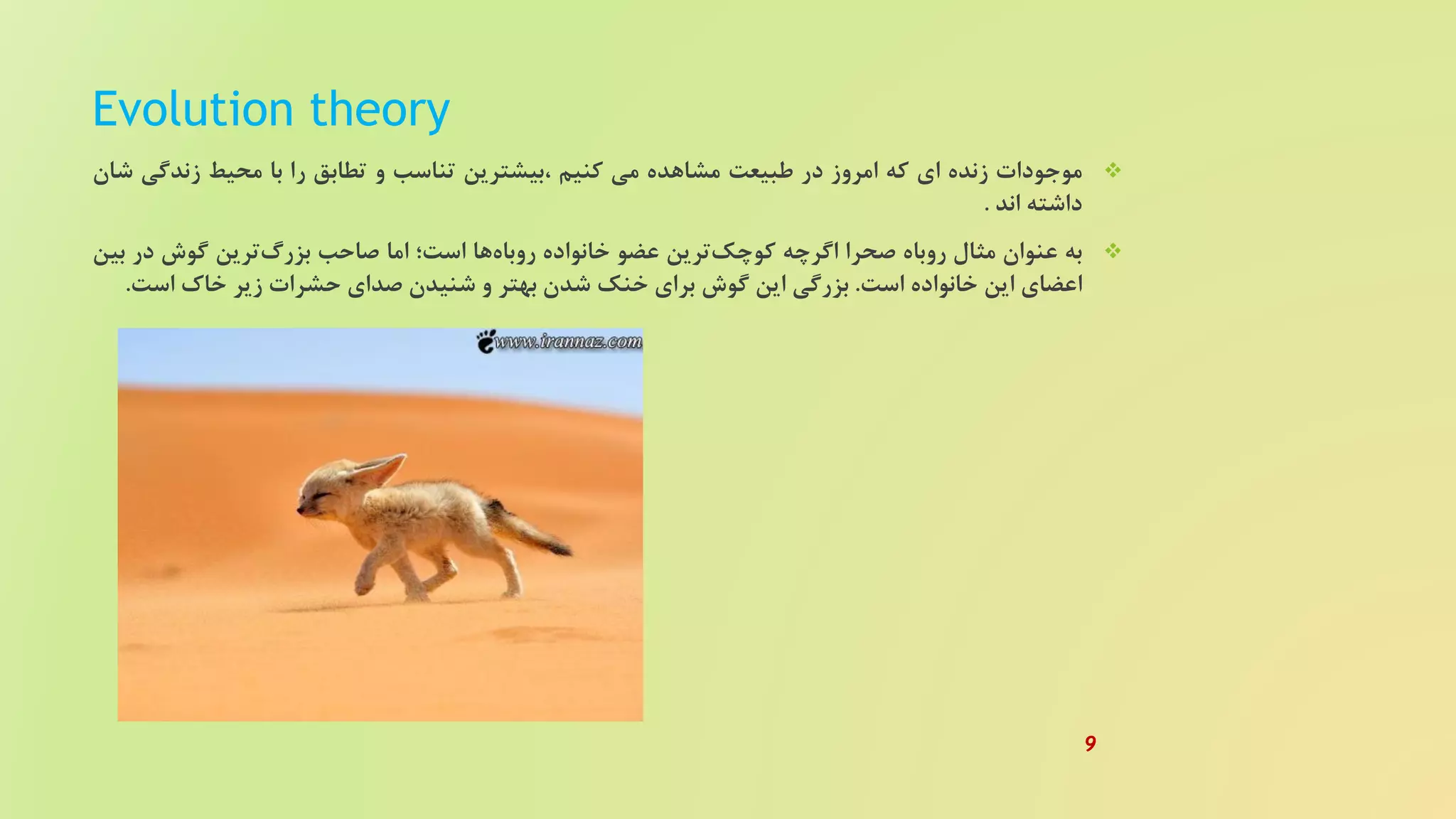 Evolution theory
‫موجودات‬‫زنده‬‫ای‬‫که‬‫امروز‬‫در‬‫طبیعت‬‫مشاهده‬‫می‬‫کنیم‬‫،بیشترین‬‫تناسب‬‫و‬‫تطابق‬‫را‬‫با‬‫محیط‬‫زندگ‬‫ی‬‫شان‬
‫داشته‬‫اند‬.
‫به‬‫عنوان‬‫مثال‬‫روباه‬‫صحرا‬‫اگرچه‬‫ترین‬‫کوچک‬‫عضو‬‫خانواده‬‫ها‬‫روباه‬‫است؛‬‫اما‬‫صاحب‬‫ترین‬‫بزرگ‬‫گوش‬‫در‬‫بین‬
‫اعضای‬‫این‬‫خانواده‬‫است‬.‫بزرگی‬‫این‬‫گوش‬‫برای‬‫خنک‬‫شدن‬‫بهتر‬‫و‬‫شنیدن‬‫صدای‬‫حشرات‬‫زیر‬‫خاک‬‫است‬.
9
 