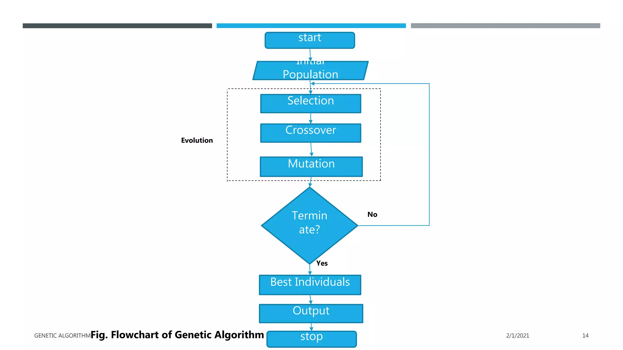 start
Initial
Population
Selection
Crossover
Mutation
Termin
ate?
Best Individuals
Output
stop
Yes
No
Evolution
Fig. Flowchart of Genetic Algorithm 2/1/2021
GENETIC ALGORITHM 14
 