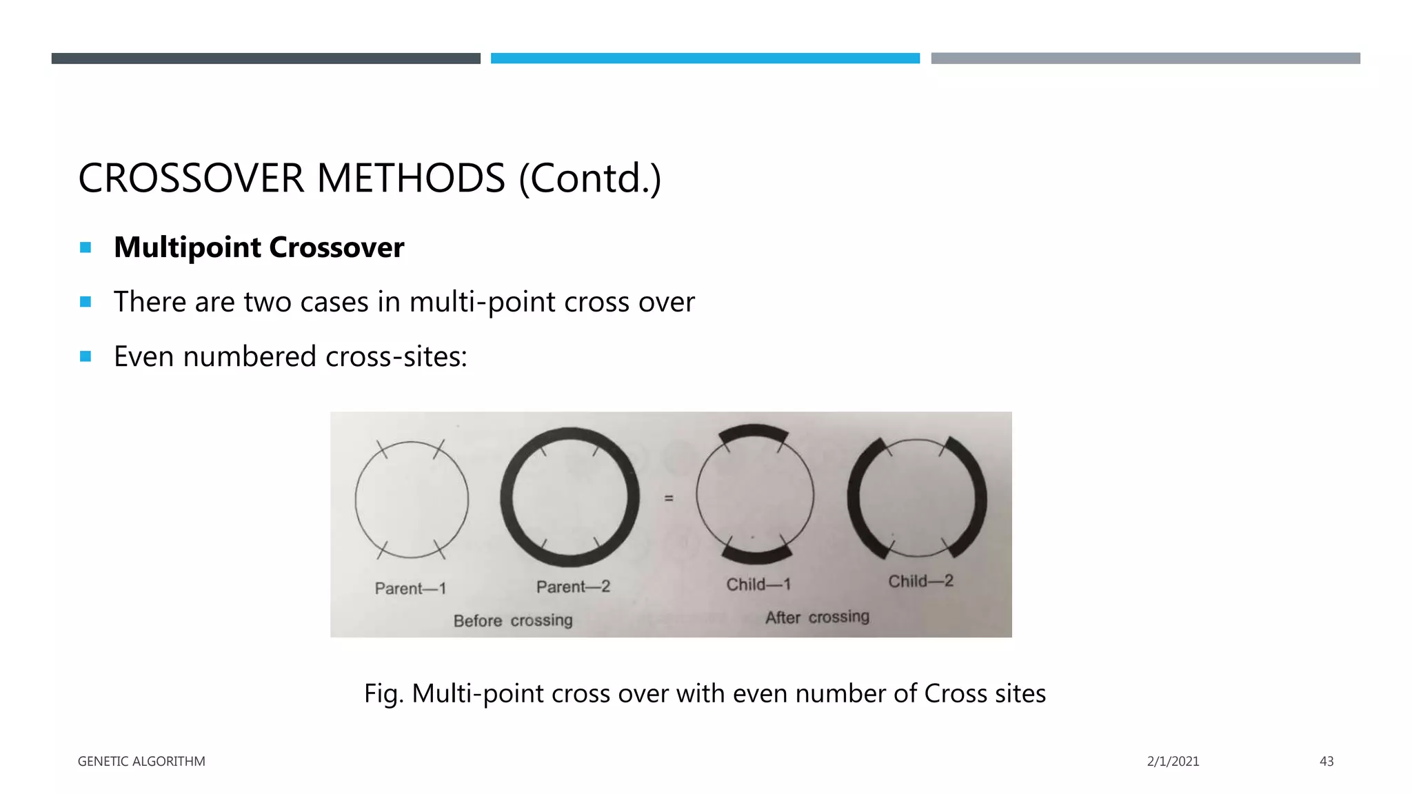 CROSSOVER METHODS (Contd.)
 Multipoint Crossover
 There are two cases in multi-point cross over
 Even numbered cross-sites:
Fig. Multi-point cross over with even number of Cross sites
2/1/2021
GENETIC ALGORITHM 43
 