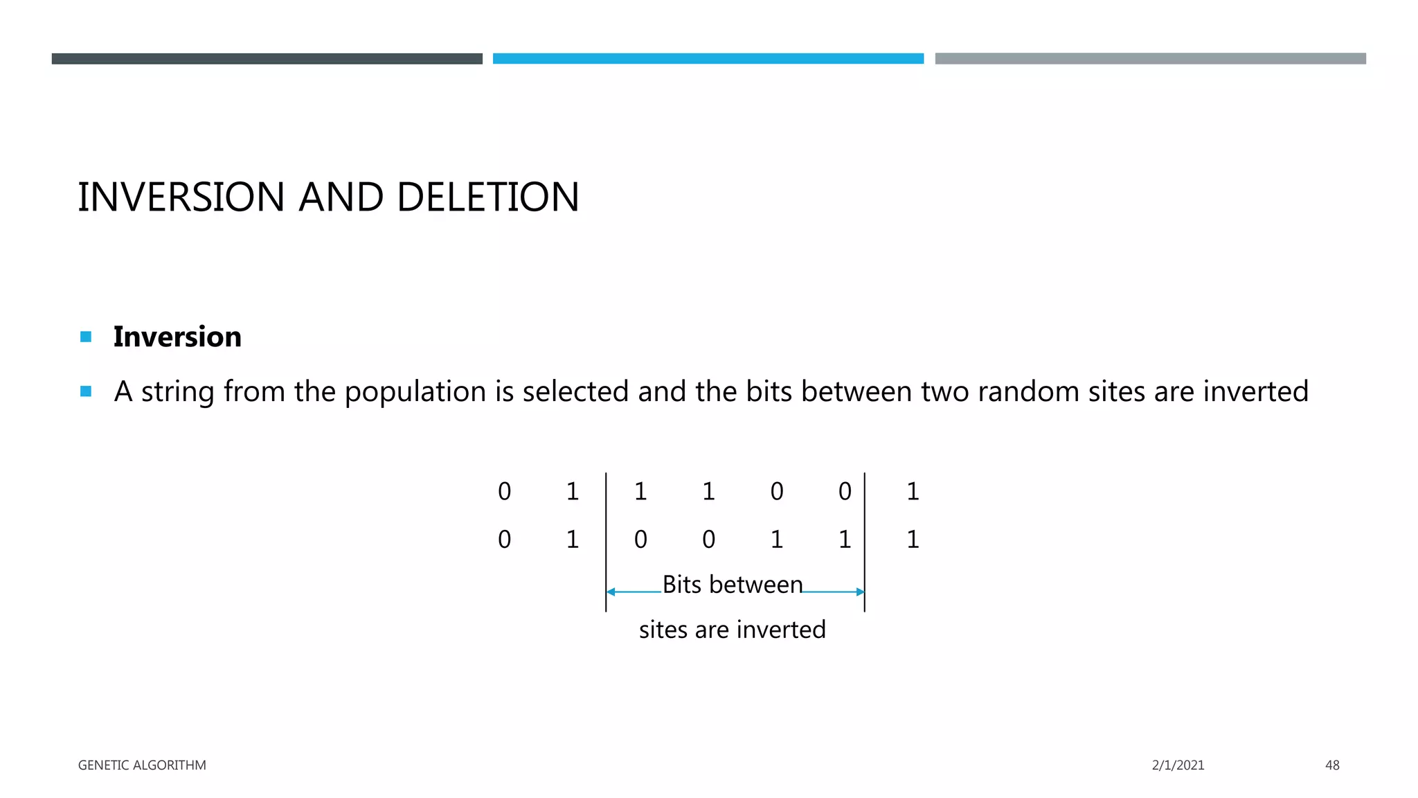 INVERSION AND DELETION
 Inversion
 A string from the population is selected and the bits between two random sites are inverted
0 1 1 1 0 0 1
0 1 0 0 1 1 1
Bits between
sites are inverted
2/1/2021
GENETIC ALGORITHM 48
 