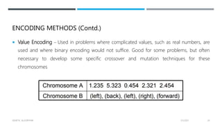 ENCODING METHODS (Contd.)
 Value Encoding – Used in problems where complicated values, such as real numbers, are
used and where binary encoding would not suffice. Good for some problems, but often
necessary to develop some specific crossover and mutation techniques for these
chromosomes
2/1/2021
GENETIC ALGORITHM 24
 