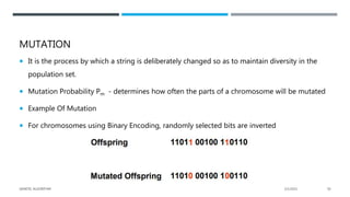 MUTATION
 It is the process by which a string is deliberately changed so as to maintain diversity in the
population set.
 Mutation Probability Pm - determines how often the parts of a chromosome will be mutated
 Example Of Mutation
 For chromosomes using Binary Encoding, randomly selected bits are inverted
2/1/2021
GENETIC ALGORITHM 50
 