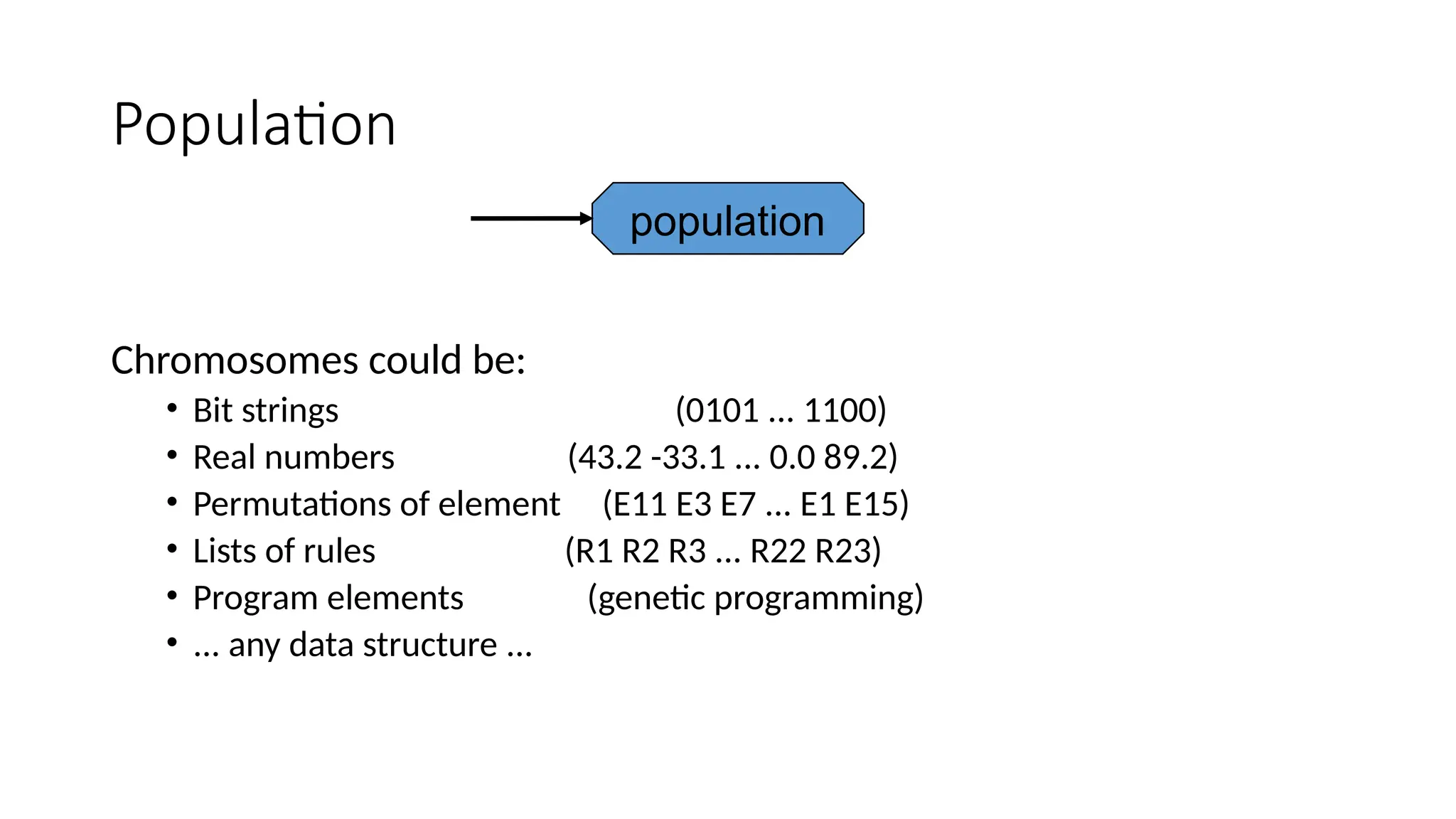 Population
Chromosomes could be:
• Bit strings (0101 ... 1100)
• Real numbers (43.2 -33.1 ... 0.0 89.2)
• Permutations of element (E11 E3 E7 ... E1 E15)
• Lists of rules (R1 R2 R3 ... R22 R23)
• Program elements (genetic programming)
• ... any data structure ...
population
 
