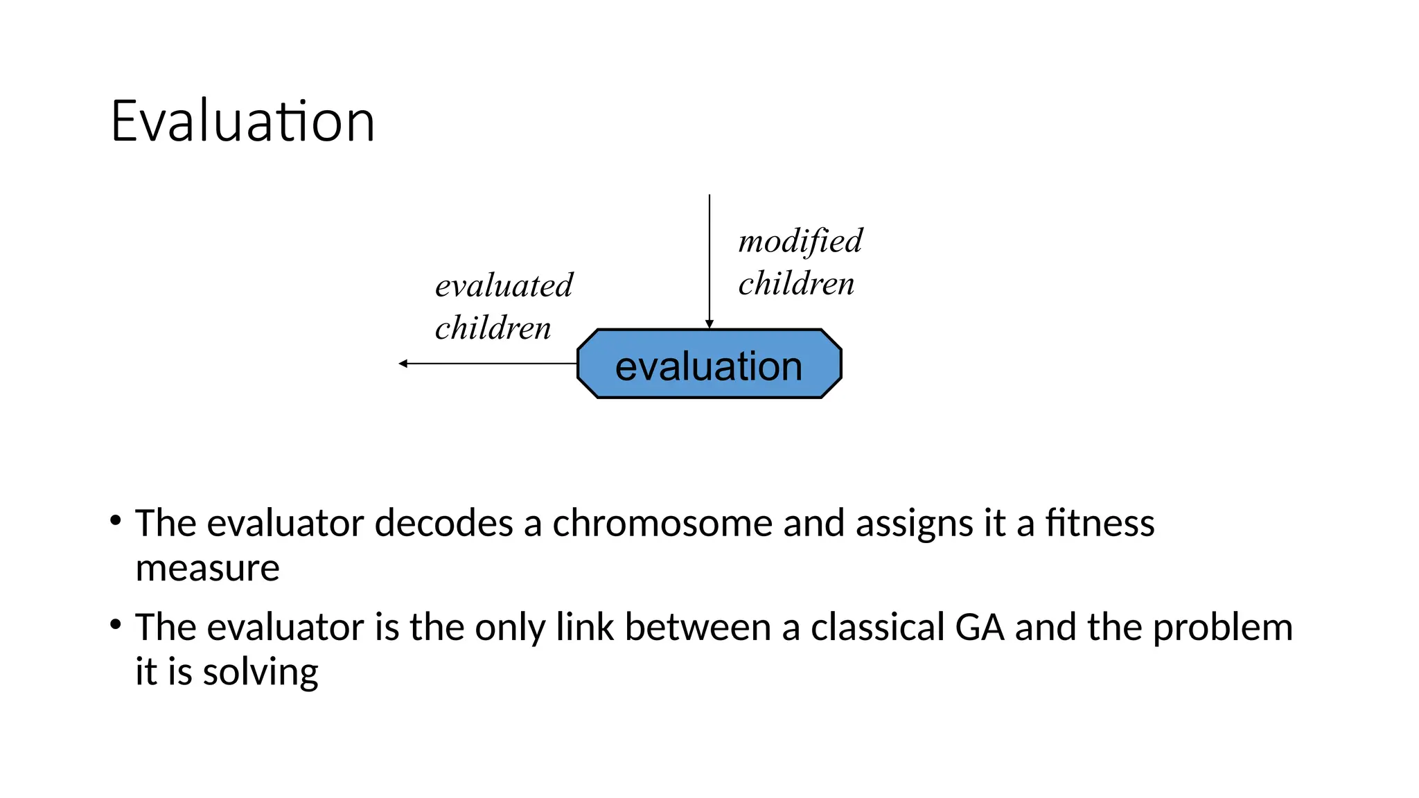 Evaluation
• The evaluator decodes a chromosome and assigns it a fitness
measure
• The evaluator is the only link between a classical GA and the problem
it is solving
evaluation
evaluated
children
modified
children
 