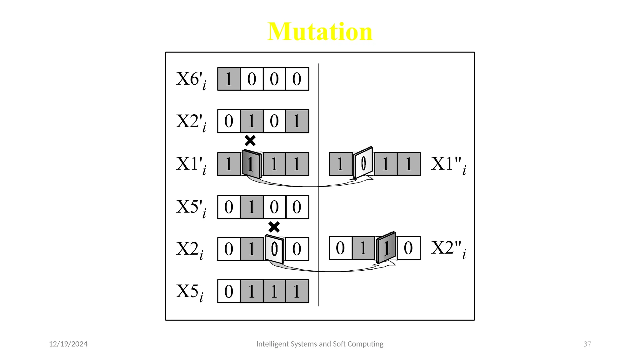 12/19/2024 Intelligent Systems and Soft Computing 37
Mutation
0 1
1 1
X5'i 0
1 0
X6'i 1 0
0
0 0
1 0
X2'i 0 1
0 0
0 1 1
1
1
X5i
1 1 1 X1"i
1 1
X2"i
0 1 0
0
X1'i 1 1 1
0 1 0
X2i
 