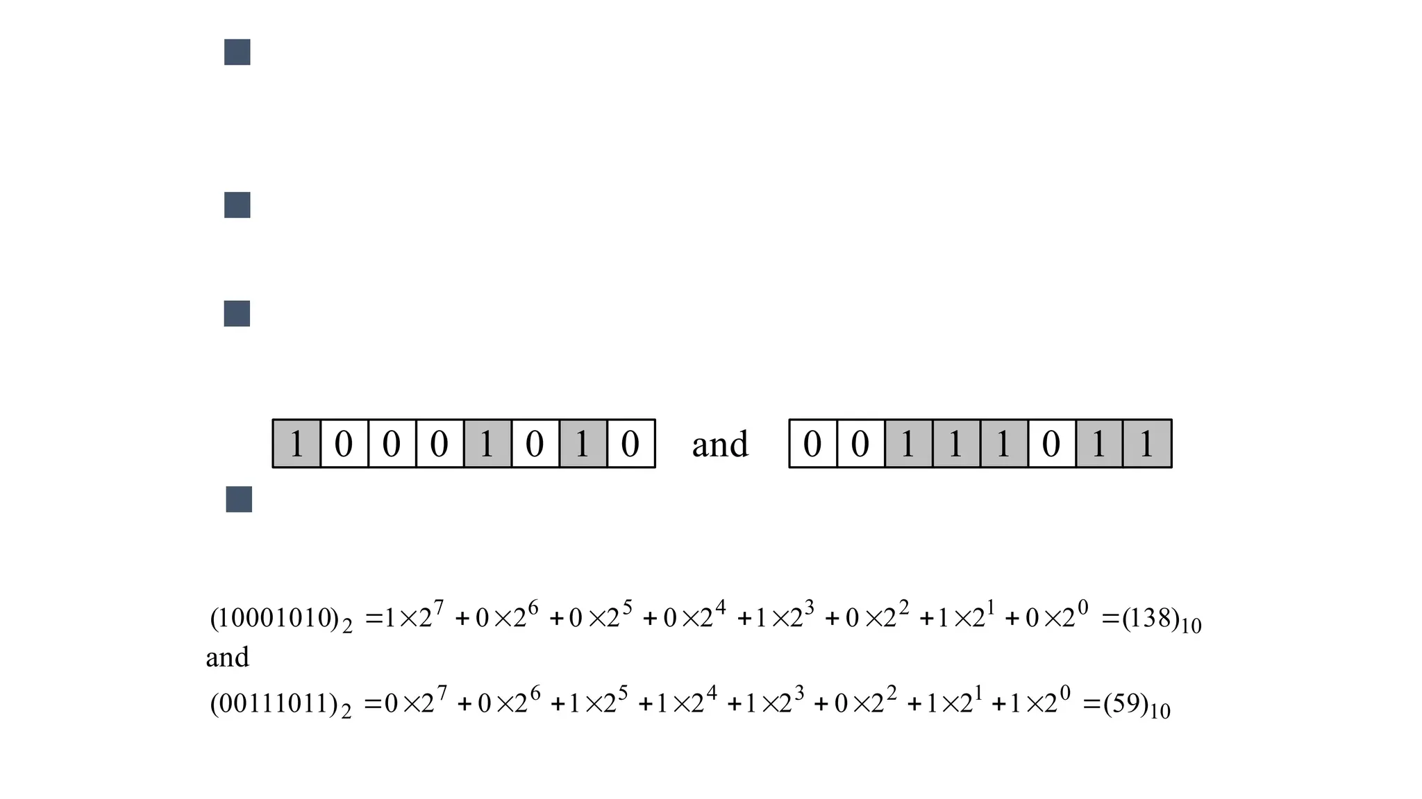  We also choose the size of the chromosome
population, for instance 6, and randomly
generate an initial population.
 Then these strings are converted from binary
(base 2) to decimal (base 10):
1 0
0 0 1 1
0 0 0 1
0 1 1 1
0 1
and
10
0
1
2
3
4
5
6
7
2 )
138
(
2
0
2
1
2
0
2
1
2
0
2
0
2
0
2
1
)
10001010
( 
















and
10
0
1
2
3
4
5
6
7
2 )
59
(
2
1
2
1
2
0
2
1
2
1
2
1
2
0
2
0
)
00111011
( 
















 First, a chromosome, that is a string of 16 bits, is
partitioned into two 8-bit strings:
 The next step is to calculate the fitness of each
chromosome. This is done in two stages.
 