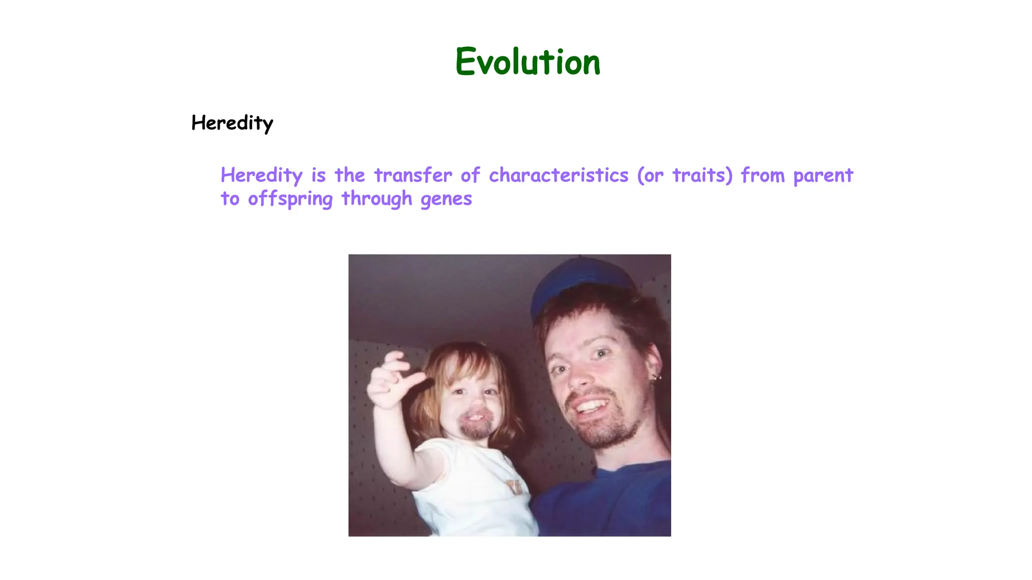 Evolution
Heredity
Heredity is the transfer of characteristics (or traits) from parent
to offspring through genes
 