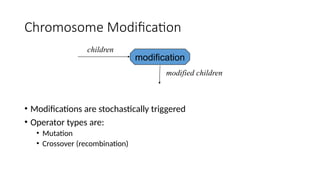 Chromosome Modification
modification
children
• Modifications are stochastically triggered
• Operator types are:
• Mutation
• Crossover (recombination)
modified children
 