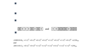  We also choose the size of the chromosome
population, for instance 6, and randomly
generate an initial population.
 Then these strings are converted from binary
(base 2) to decimal (base 10):
1 0
0 0 1 1
0 0 0 1
0 1 1 1
0 1
and
10
0
1
2
3
4
5
6
7
2 )
138
(
2
0
2
1
2
0
2
1
2
0
2
0
2
0
2
1
)
10001010
( 
















and
10
0
1
2
3
4
5
6
7
2 )
59
(
2
1
2
1
2
0
2
1
2
1
2
1
2
0
2
0
)
00111011
( 
















 First, a chromosome, that is a string of 16 bits, is
partitioned into two 8-bit strings:
 The next step is to calculate the fitness of each
chromosome. This is done in two stages.
 