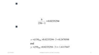 12/19/2024 Intelligent Systems and Soft Computing 41
 Now the range of integers that can be handled by
8-bits, that is the range from 0 to (28
- 1),
is mapped to the actual range of
parameters x and y, that is the
range from -3 to 3:
 To obtain the actual values of x and y, we multiply
their decimal values by
0.0235294 and subtract 3 from
the results:
0235294
.
0
1
256
6


2470588
.
0
3
0235294
.
0
)
138
( 10 



x
and
6117647
.
1
3
0235294
.
0
)
59
( 10 




y
 