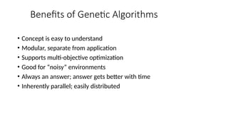 Benefits of Genetic Algorithms
• Concept is easy to understand
• Modular, separate from application
• Supports multi-objective optimization
• Good for “noisy” environments
• Always an answer; answer gets better with time
• Inherently parallel; easily distributed
 