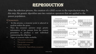 11
REPRODUCTION
After the selection process, the creation of a child occurs in the reproduction step. In
this step, the genetic algorithm uses two variation operators that are applied to the
parent population.
Crossover:
• In this process, a crossover point is selected at
random within the genes.
• Then the crossover operator swaps genetic
information of two parents from the current
generation to produce a new individual
representing the offspring.
• Types of crossover styles available:
• One point crossover
• Two-point crossover
• Livery crossover
• Inheritable Algorithms crossover
-Ankita Ghosh
 