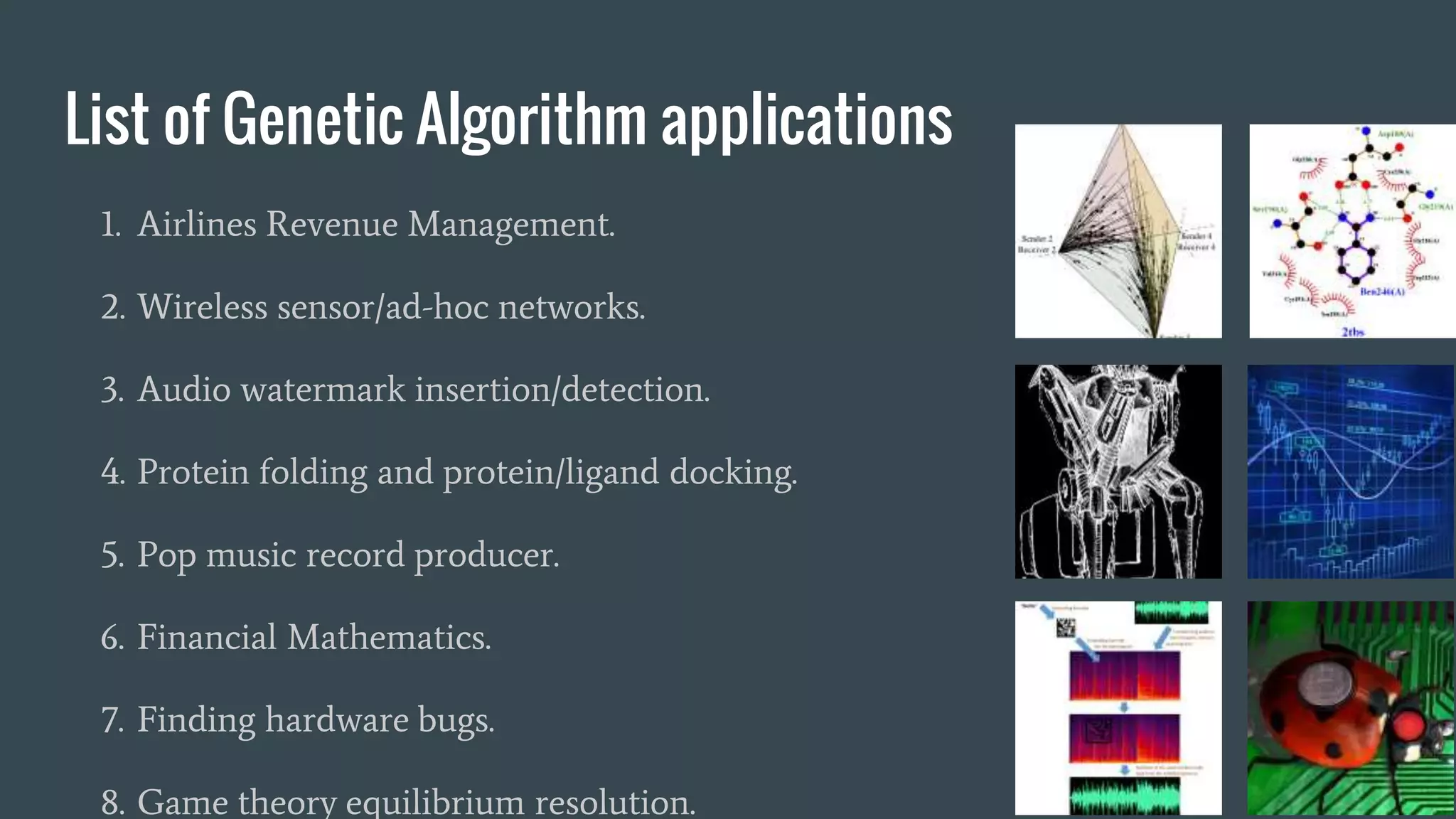 List of Genetic Algorithm applications 1. Airlines Revenue Management. 2. Wireless sensor/ad-hoc networks. 3. Audio watermark insertion/detection. 4. Protein folding and protein/ligand docking. 5. Pop music record producer. 6. Financial Mathematics. 7. Finding hardware bugs. 8. Game theory equilibrium resolution. 