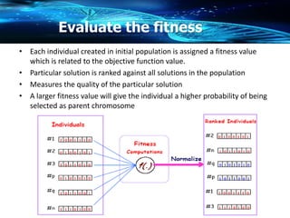 Evaluate the fitness
• Each individual created in initial population is assigned a fitness value
which is related to the objective function value.
• Particular solution is ranked against all solutions in the population
• Measures the quality of the particular solution
• A larger fitness value will give the individual a higher probability of being
selected as parent chromosome
 