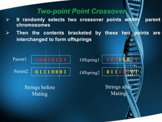 13
Two-point Point Crossover
 It randomly selects two crossover points within parent
chromosomes
 Then the contents bracketed by these two points are
interchanged to form offsprings
Offspring1
Offspring2
Strings before
Mating
0 1 1 1 0 1 0 1
1 0 0 1 0 0 1 1
Strings after
Mating
Parent2
Parent1
0 1 1 1 0 0 0 1
1 0 0 1 0 1 1 1
 