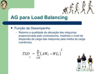 AG para Load Balancing Função de Desempenho Retorna a qualidade de alocação das máquinas proporcionada pelo cromossomo, medindo o nível de dispersão da carga das máquinas pela média da carga (variância). 