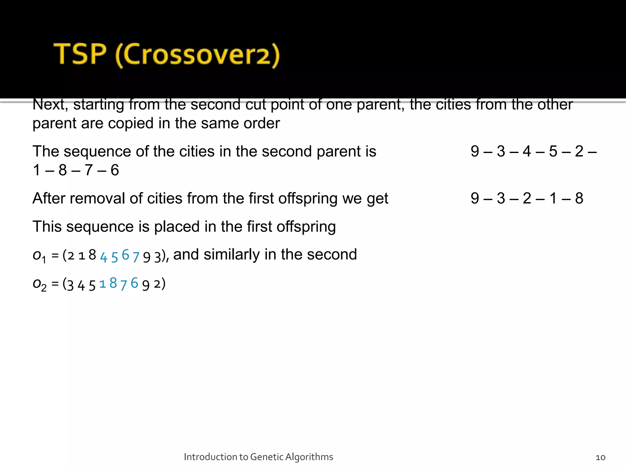 Introduction to GeneticAlgorithms 10 Next, starting from the second cut point of one parent, the cities from the other parent are copied in the same order The sequence of the cities in the second parent is 9 – 3 – 4 – 5 – 2 – 1 – 8 – 7 – 6 After removal of cities from the first offspring we get 9 – 3 – 2 – 1 – 8 This sequence is placed in the first offspring o1 = (2 1 8 4 5 6 7 9 3), and similarly in the second o2 = (3 4 5 1 8 7 6 9 2) 