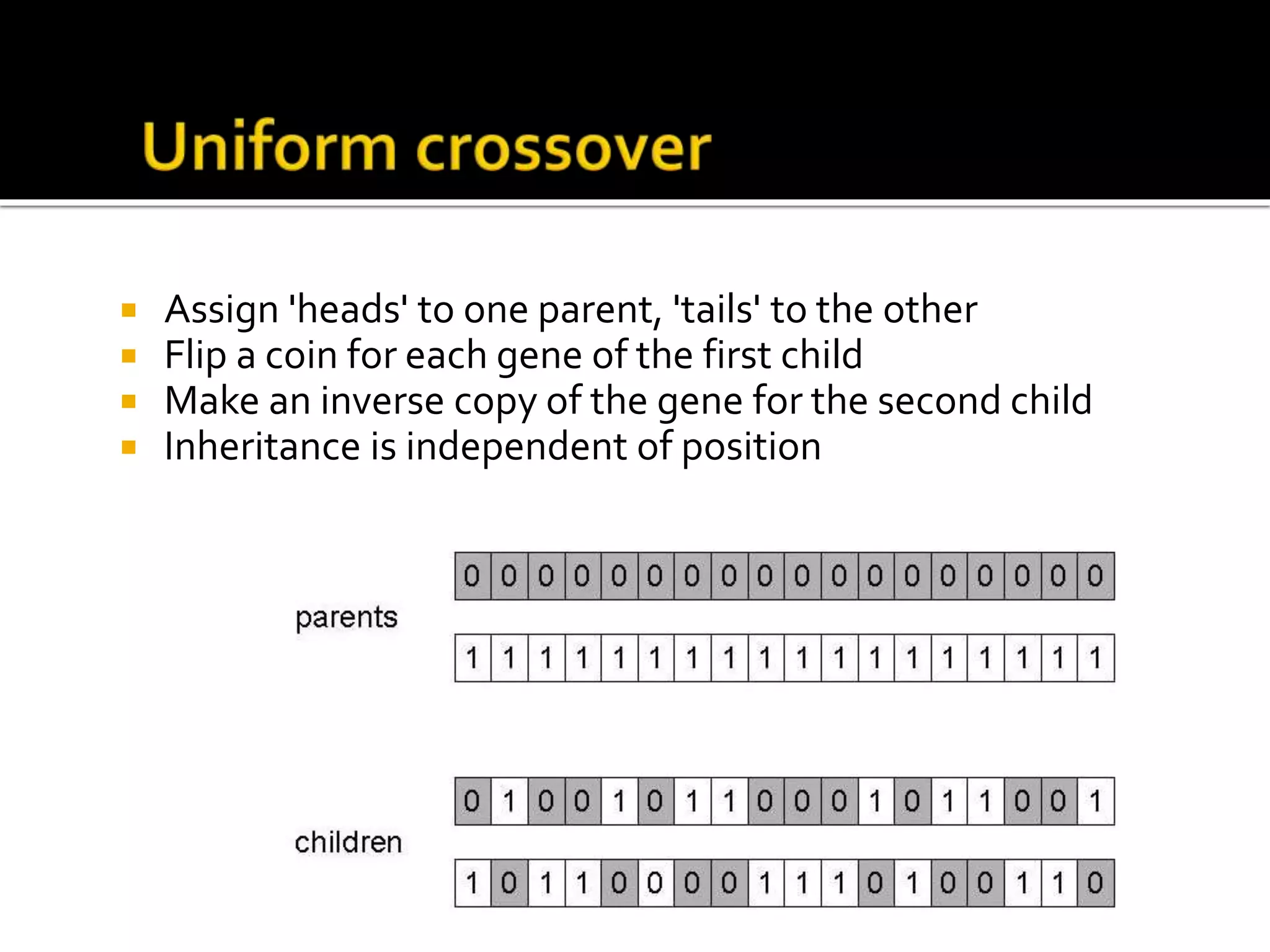  Assign 'heads' to one parent, 'tails' to the other  Flip a coin for each gene of the first child  Make an inverse copy of the gene for the second child  Inheritance is independent of position 