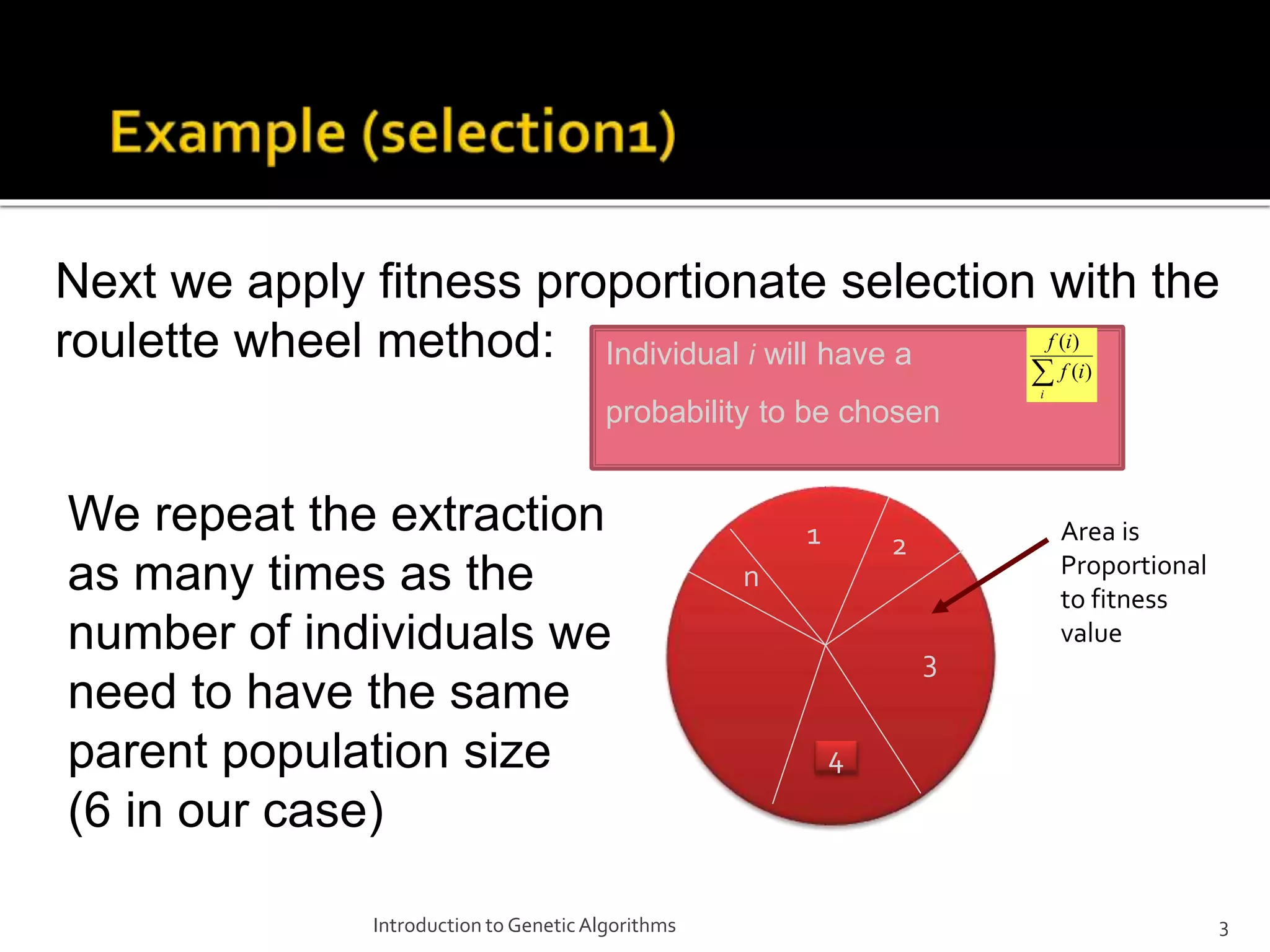 Introduction to GeneticAlgorithms 3 Next we apply fitness proportionate selection with the roulette wheel method: 21 n 3 Area is Proportional to fitness value Individual i will have a probability to be chosen i if if )( )( 4 We repeat the extraction as many times as the number of individuals we need to have the same parent population size (6 in our case) 