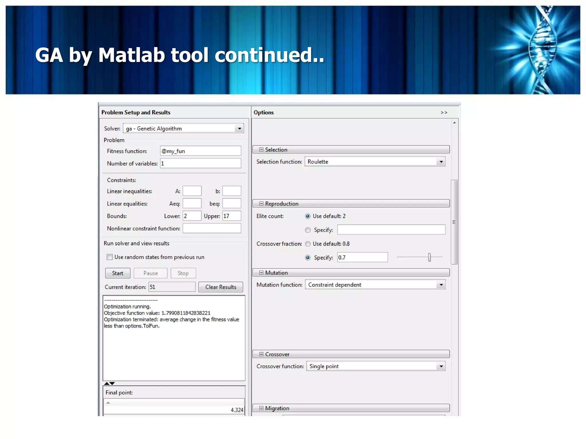GA by Matlab tool continued..
 