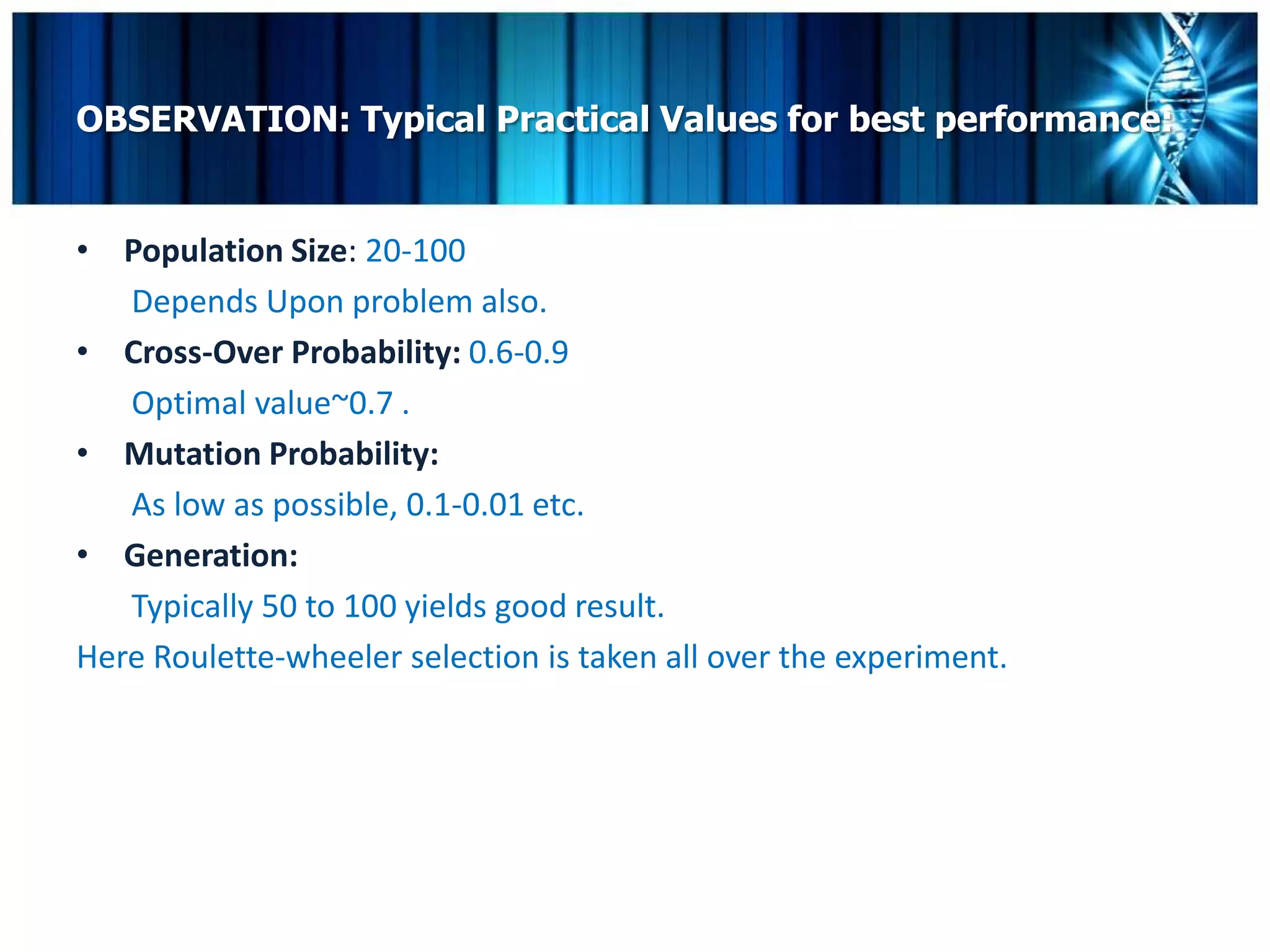 OBSERVATION: Typical Practical Values for best performance:


• Population Size: 20-100
   Depends Upon problem also.
• Cross-Over Probability: 0.6-0.9
   Optimal value~0.7 .
• Mutation Probability:
   As low as possible, 0.1-0.01 etc.
• Generation:
   Typically 50 to 100 yields good result.
Here Roulette-wheeler selection is taken all over the experiment.
 