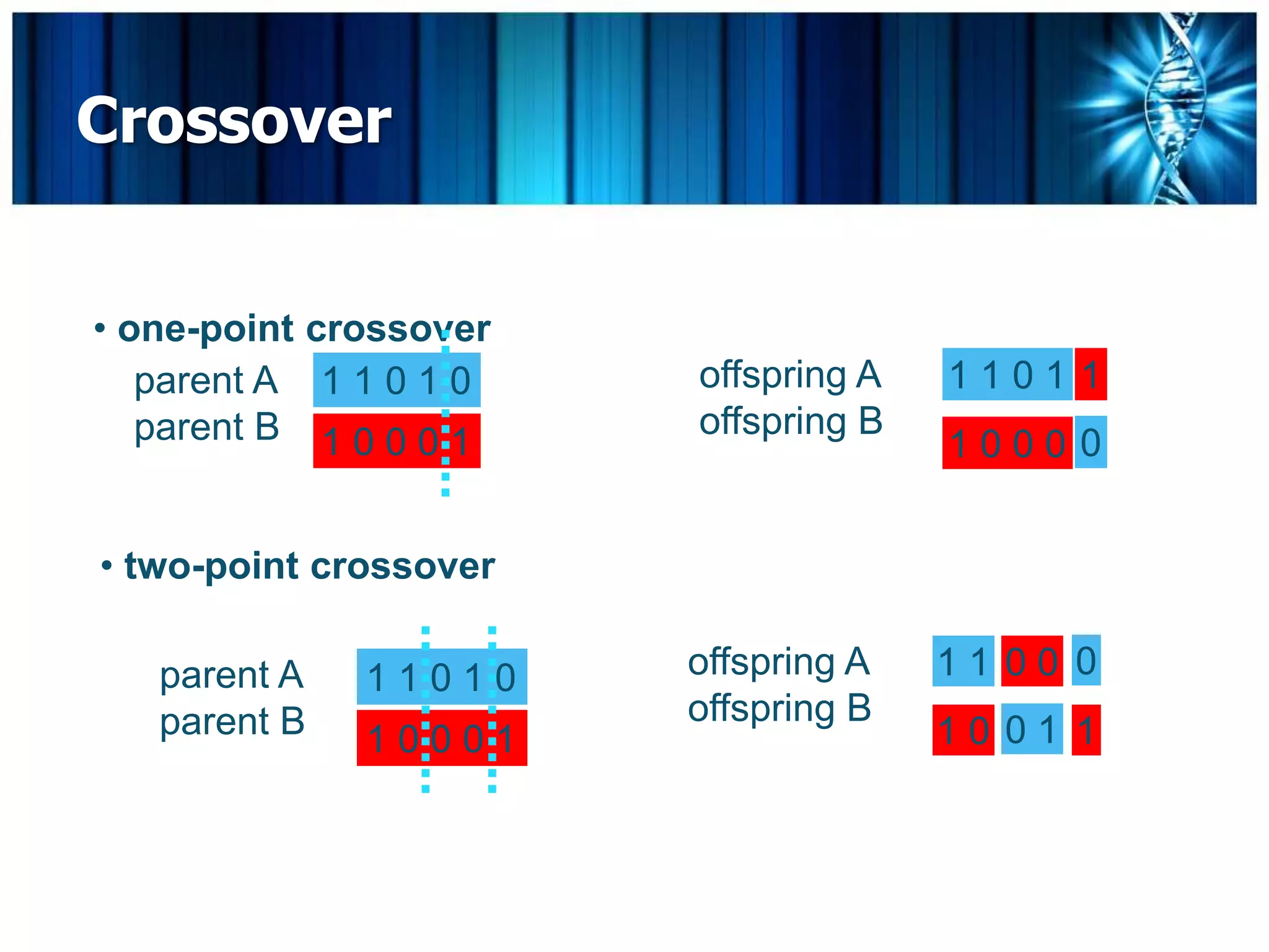 Crossover


• one-point crossover
   parent A 1 1 0 1 0   offspring A   11011
   parent B 1 0 0 0 1   offspring B
                                      10000


• two-point crossover

   parent A   11010     offspring A   11 00 0
   parent B             offspring B
              10001                   10 01 1
 