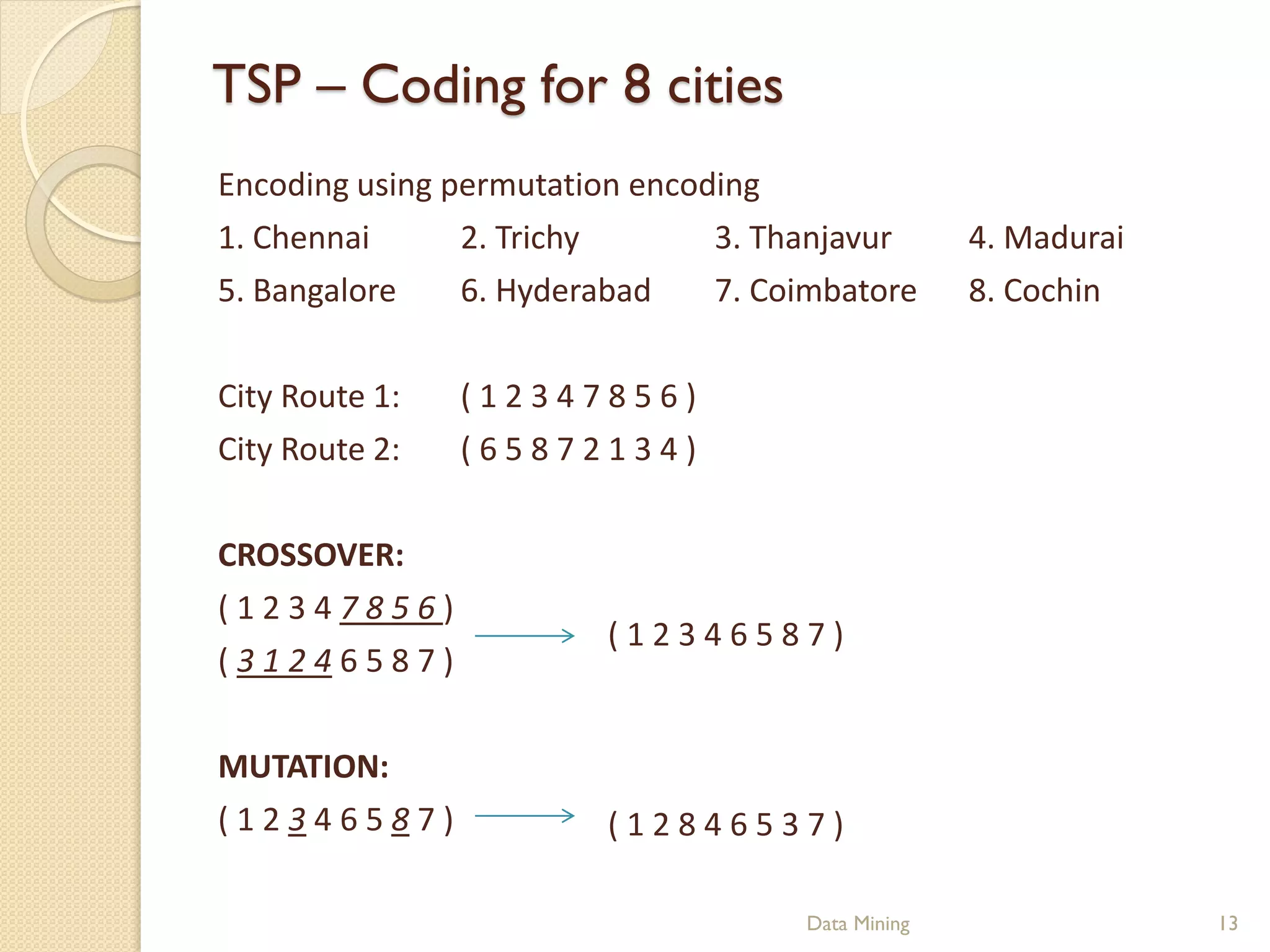 TSP – Coding for 8 cities
Encoding using permutation encoding
1. Chennai      2. Trichy       3. Thanjavur       4. Madurai
5. Bangalore    6. Hyderabad    7. Coimbatore      8. Cochin

City Route 1:   (12347856)
City Route 2:   (65872134)

CROSSOVER:
(12347856)
                         (12346587)
(31246587)

MUTATION:
(12346587)               (12846537)

                                     Data Mining                13
 