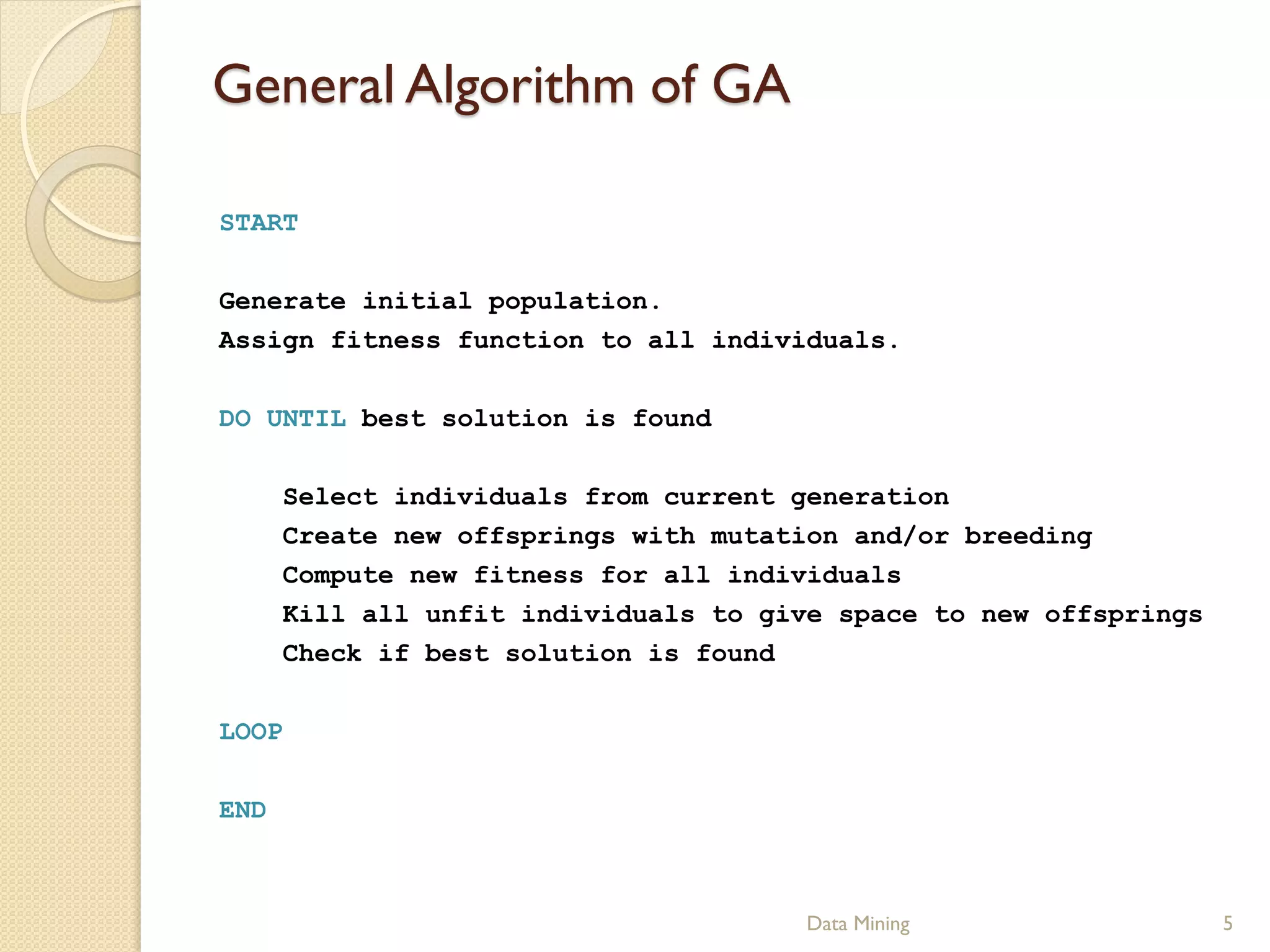 General Algorithm of GA

START

Generate initial population.
Assign fitness function to all individuals.

DO UNTIL best solution is found

      Select individuals from current generation
      Create new offsprings with mutation and/or breeding
      Compute new fitness for all individuals
      Kill all unfit individuals to give space to new offsprings
      Check if best solution is found

LOOP

END



                                       Data Mining                 5
 