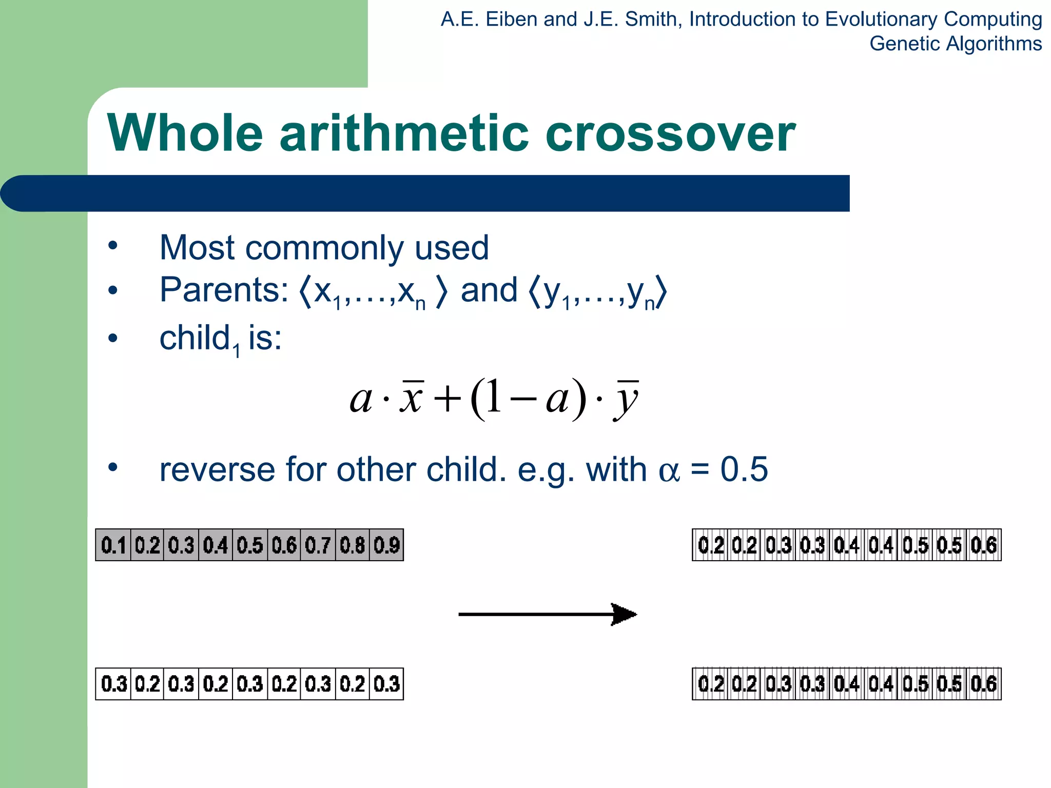 Whole arithmetic crossover Most commonly used Parents:   x 1 ,…,x n      and   y 1 ,…,y n  child 1  is: reverse for other child. e.g. with    = 0.5 