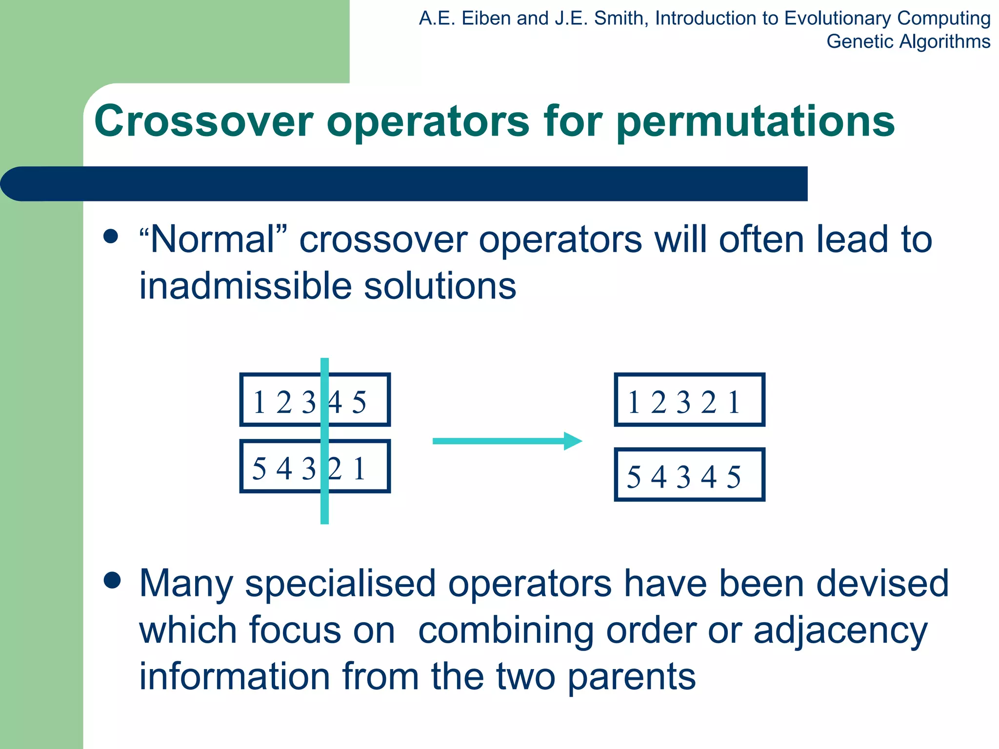 “ N ormal” crossover operators will often lead to inadmissible solutions M any specialised operators have been devised which focus on  combining order or adjacency information from the two parents Crossover operators for permutations 1 2 3 4 5 5 4 3 2 1 1 2 3 2 1 5 4 3 4 5 