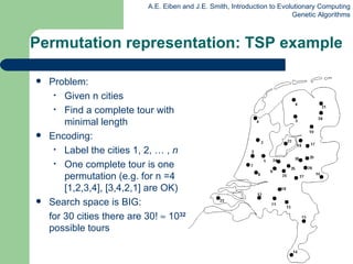 Permutation  representation: TSP example Problem: Given n cities Find a complete tour with minimal length Encoding: Label the cities 1, 2, … ,  n One complete tour is one permutation (e.g. for n =4 [1,2,3,4], [3,4,2,1] are OK) Search space is BIG:  for 30 cities there are 30!    10 32  possible tours 