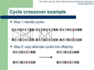 Cycle crossover example Step 1: identify cycles Step 2: copy alternate cycles into offspring 
