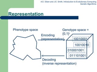 Representation Genotype space = {0,1} L Phenotype space Encoding  (representation) Decoding (inverse representation) 011101001 010001001 10010010 10010001 