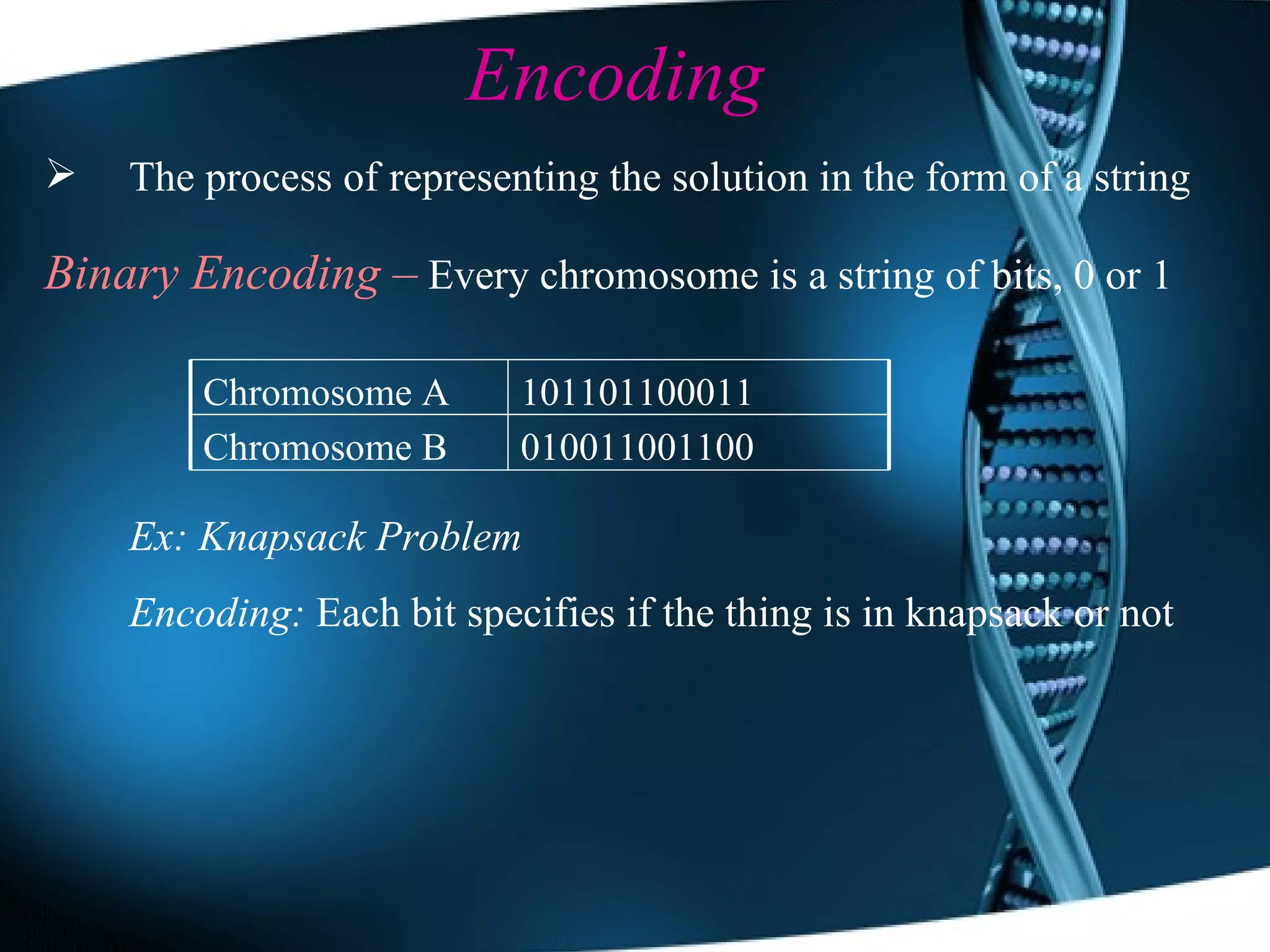 Encoding  The process of representing the solution in the form of a string  Binary Encoding –   E very chromosome is a string of bits, 0 or 1 Ex: Knapsack Problem Encoding:  Each bit specifies if the thing is in knapsack or not 010011001100 Chromosome B 101101100011 Chromosome A 